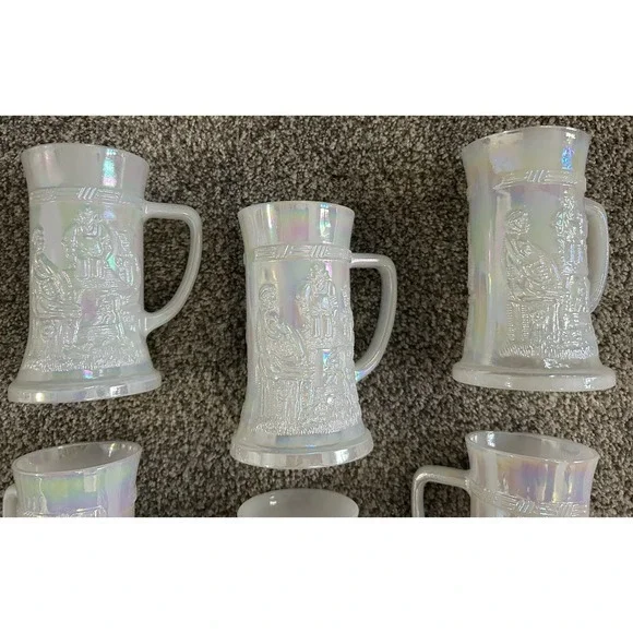 6-PC Vintage White Glazed Glass Pub Tavern Beer Stein Tankard Mug Iridescent - Picture 2 of 9